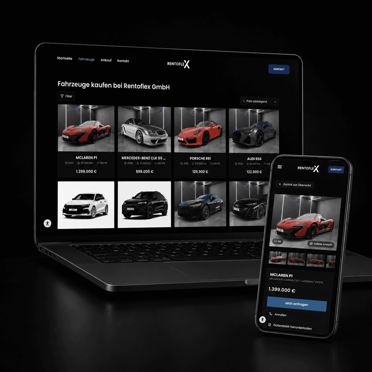 Autohaus-Website von Inception Media als Mockup auf Laptop und Smartphone: Fahrzeugübersicht mit Filter und Fahrzeugdetailseite